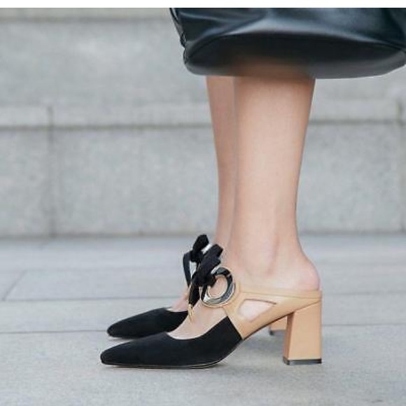 Leather Suede Bow Tie Mid Heel - Picture 8 of 8